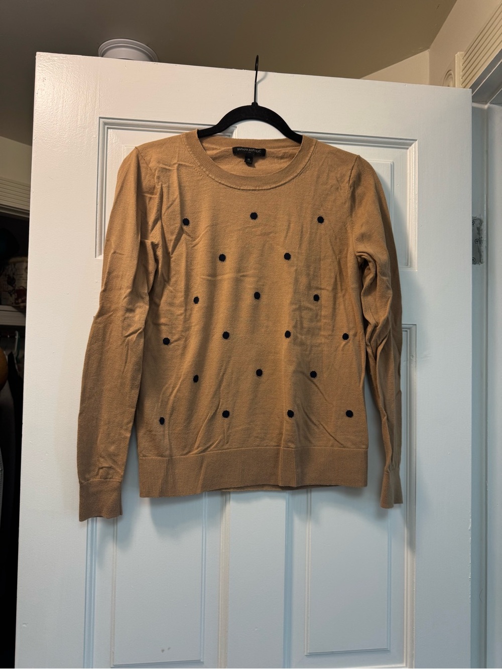 Banana Republic Camel Crewneck Sweater with Black Polka Dots